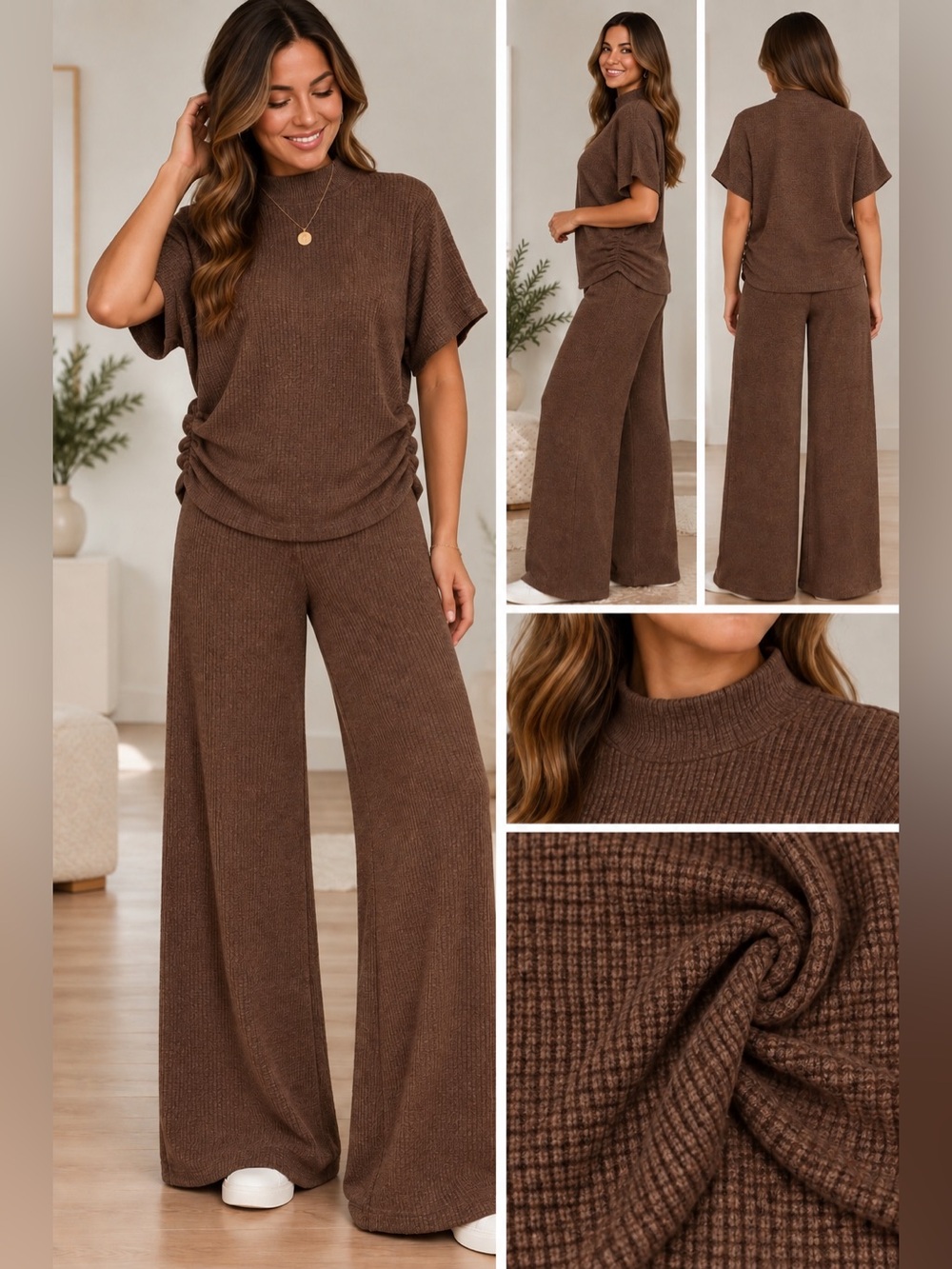 Zenana, Cozy Soft Waffle Knit Wide-Leg Pants & Top - Brown